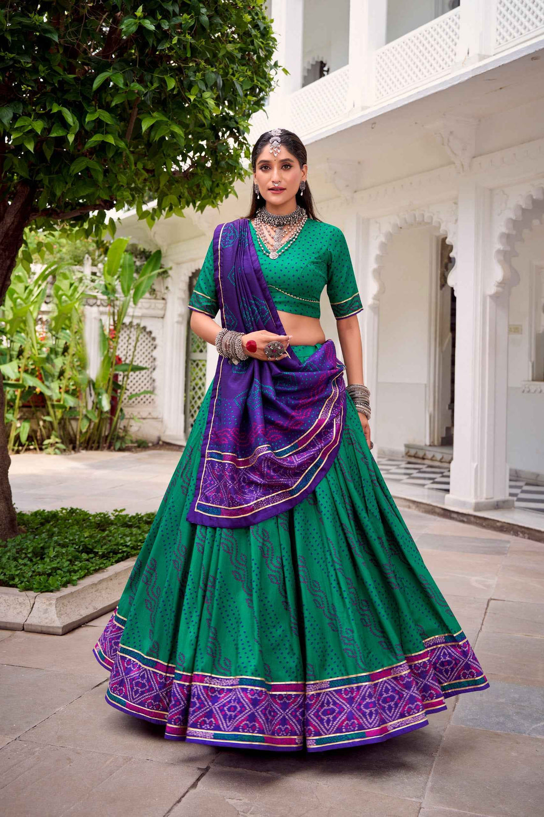 Green Pure Tasar Silk Bandhej Print With Gotta Patti Work Navratri Chaniya Choli