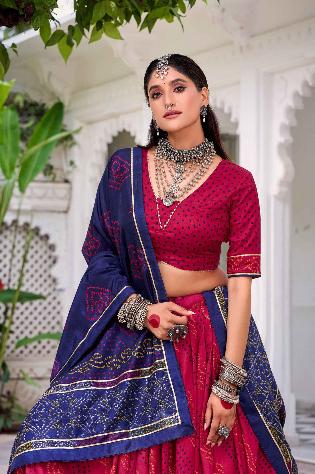 Pink Pure Tasar Silk Bandhej Print With Gotta Patti Work Navratri Chaniya Choli