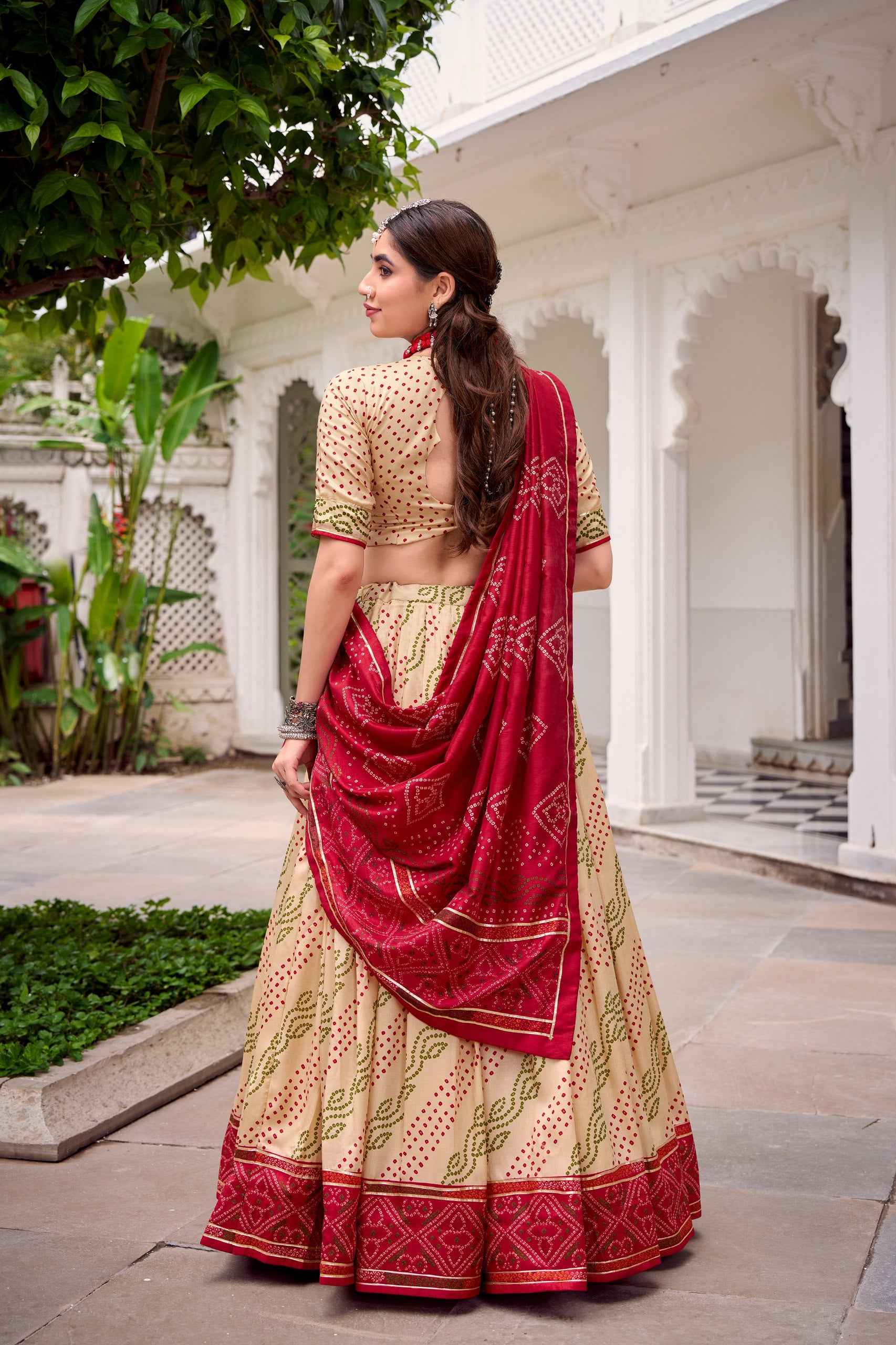 Off White Pure Tasar Silk Bandhej Print With Gotta Patti Work Navratri Chaniya Choli