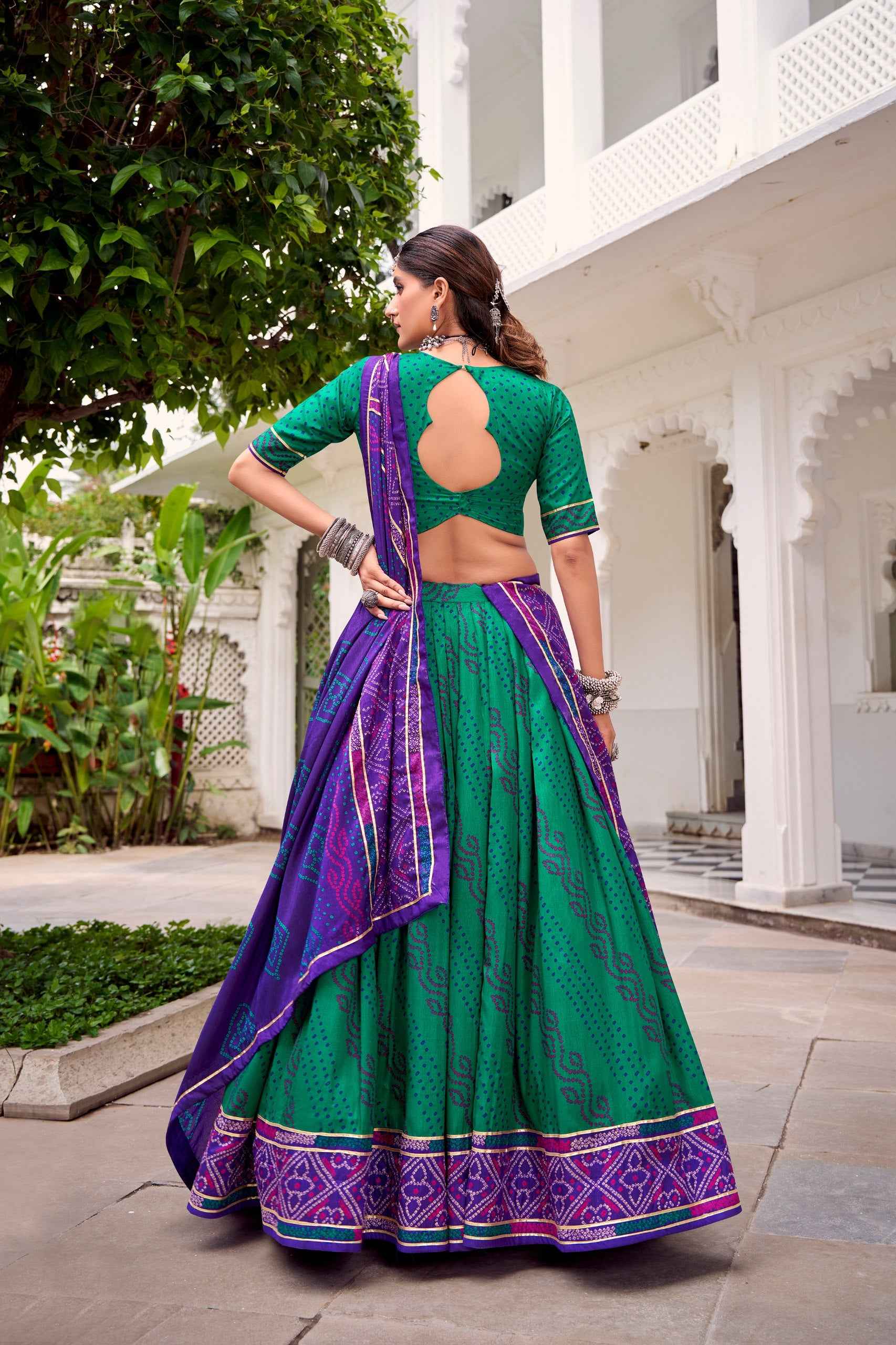 Green Pure Tasar Silk Bandhej Print With Gotta Patti Work Navratri Chaniya Choli