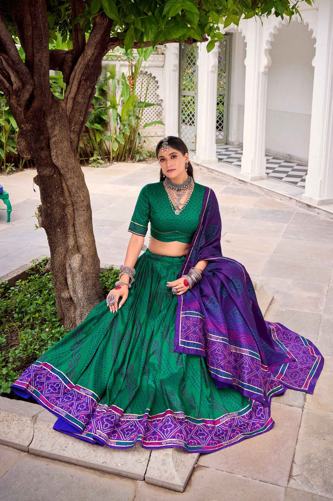 Green Pure Tasar Silk Bandhej Print With Gotta Patti Work Navratri Chaniya Choli