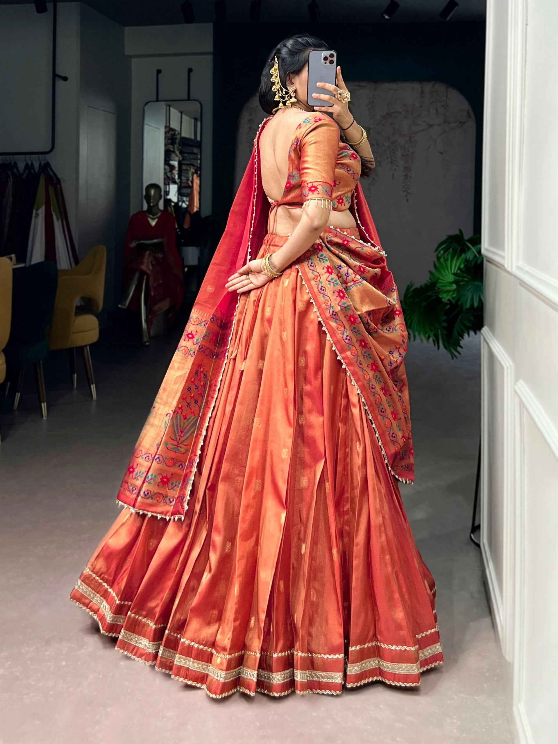 Coral Pure Shimmer Zari Weaving Work Paithani Lehenga Choli