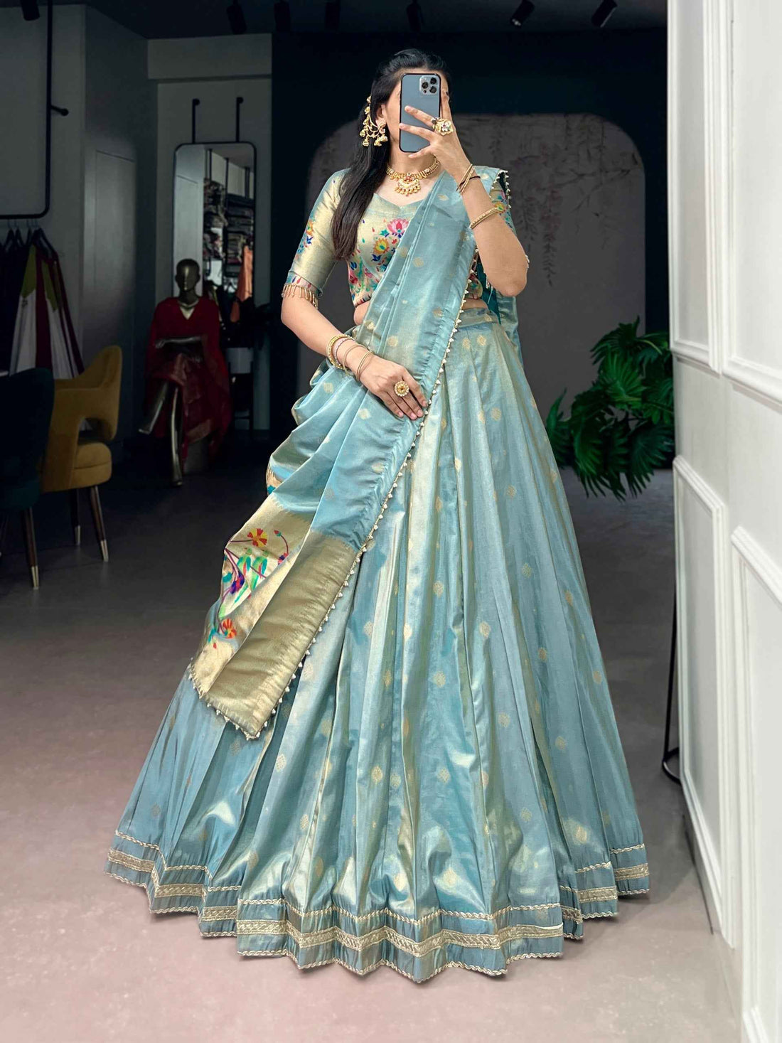 Sky Pure Shimmer Zari Weaving Work Paithani Lehenga Choli