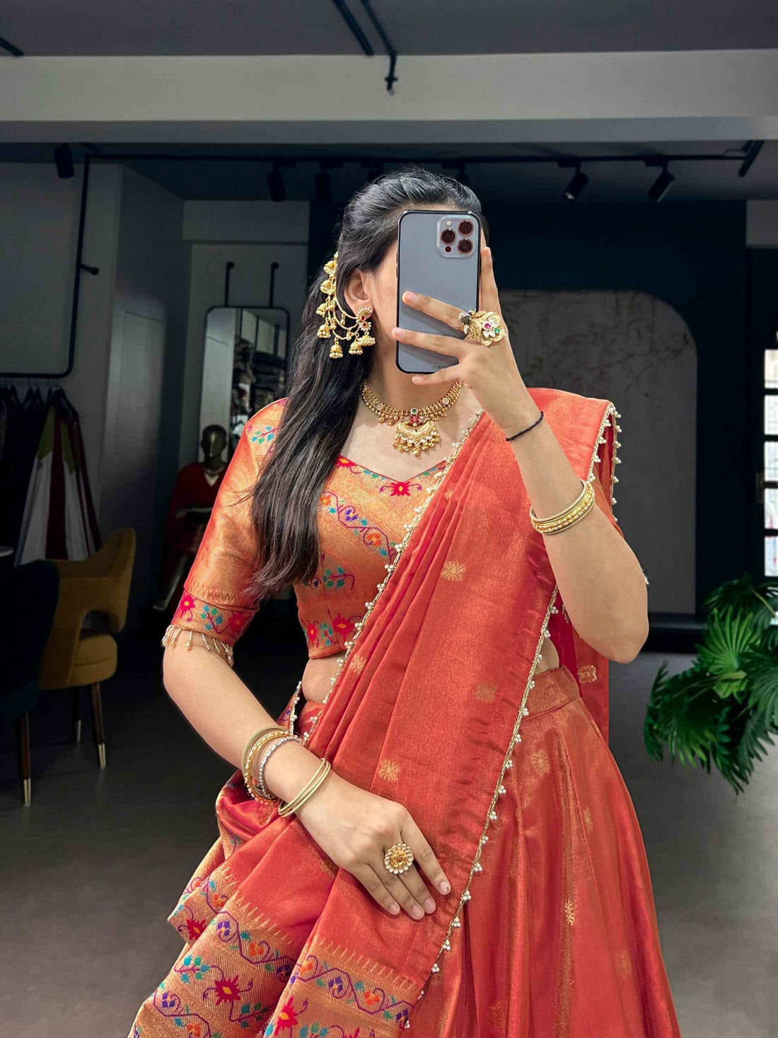 Coral Pure Shimmer Zari Weaving Work Paithani Lehenga Choli