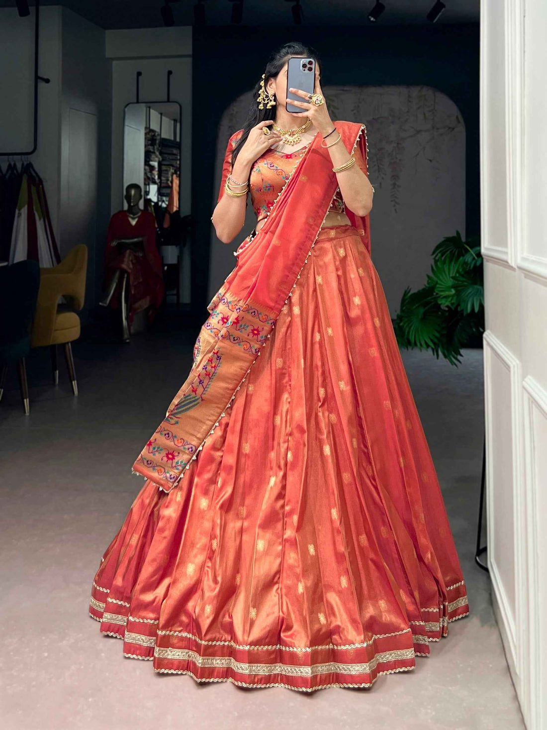 Coral Pure Shimmer Zari Weaving Work Paithani Lehenga Choli
