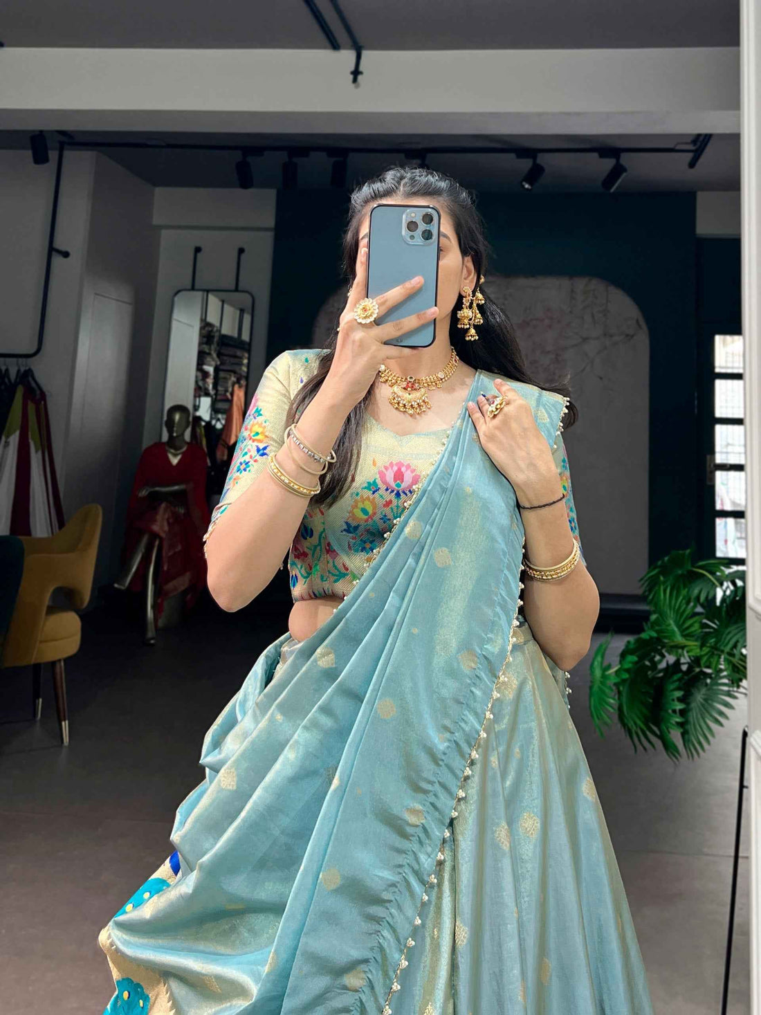 Sky Pure Shimmer Zari Weaving Work Paithani Lehenga Choli