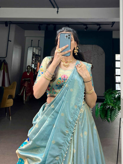 Sky Pure Shimmer Zari Weaving Work Paithani Lehenga Choli