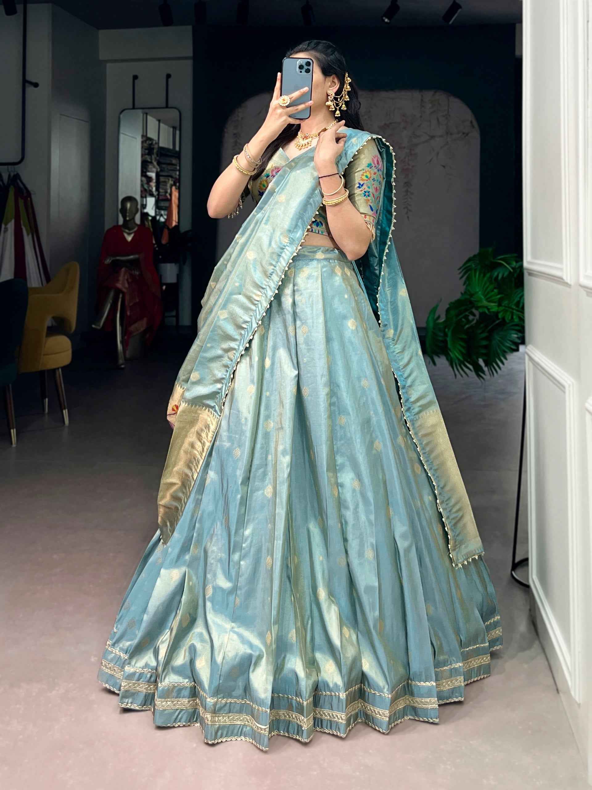 Sky Pure Shimmer Zari Weaving Work Paithani Lehenga Choli