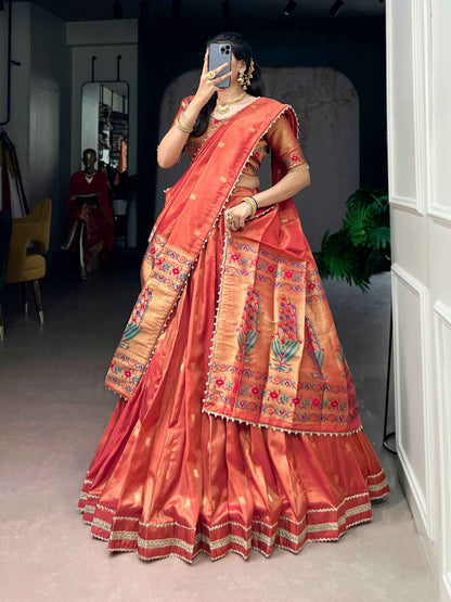 Coral Pure Shimmer Zari Weaving Work Paithani Lehenga Choli