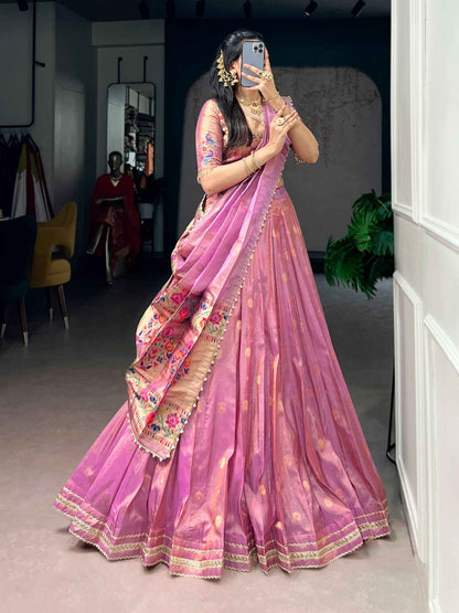 Pink Pure Shimmer Zari Weaving Work Paithani Lehenga Choli
