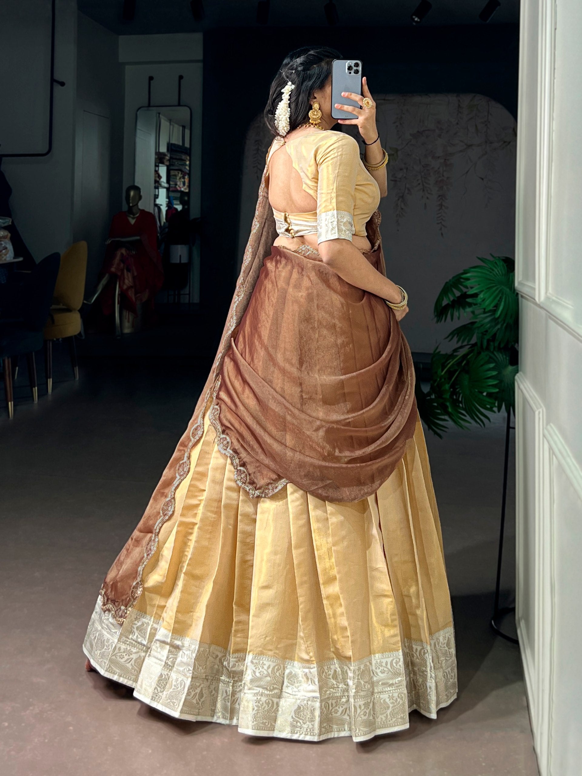 Cream Pure Soft Kanchipuram Zari Weaving Work Lehenga Choli