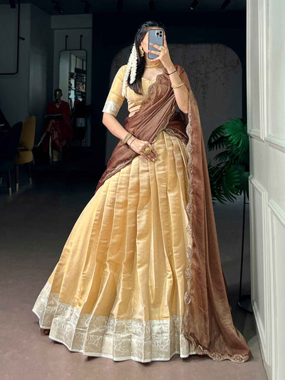Cream Pure Soft Kanchipuram Zari Weaving Work Lehenga Choli