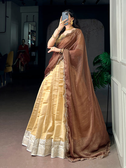 Cream Pure Soft Kanchipuram Zari Weaving Work Lehenga Choli