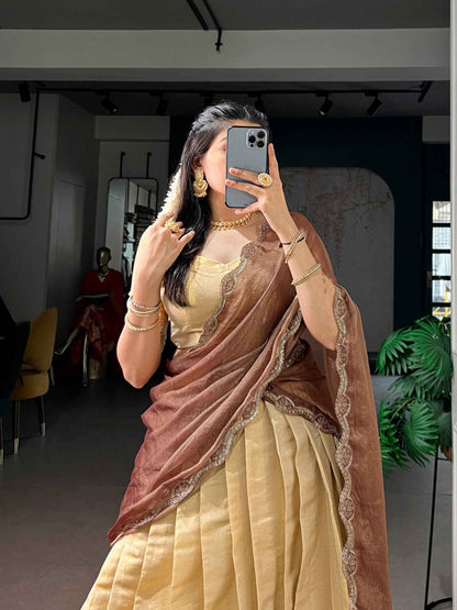 Cream Pure Soft Kanchipuram Zari Weaving Work Lehenga Choli