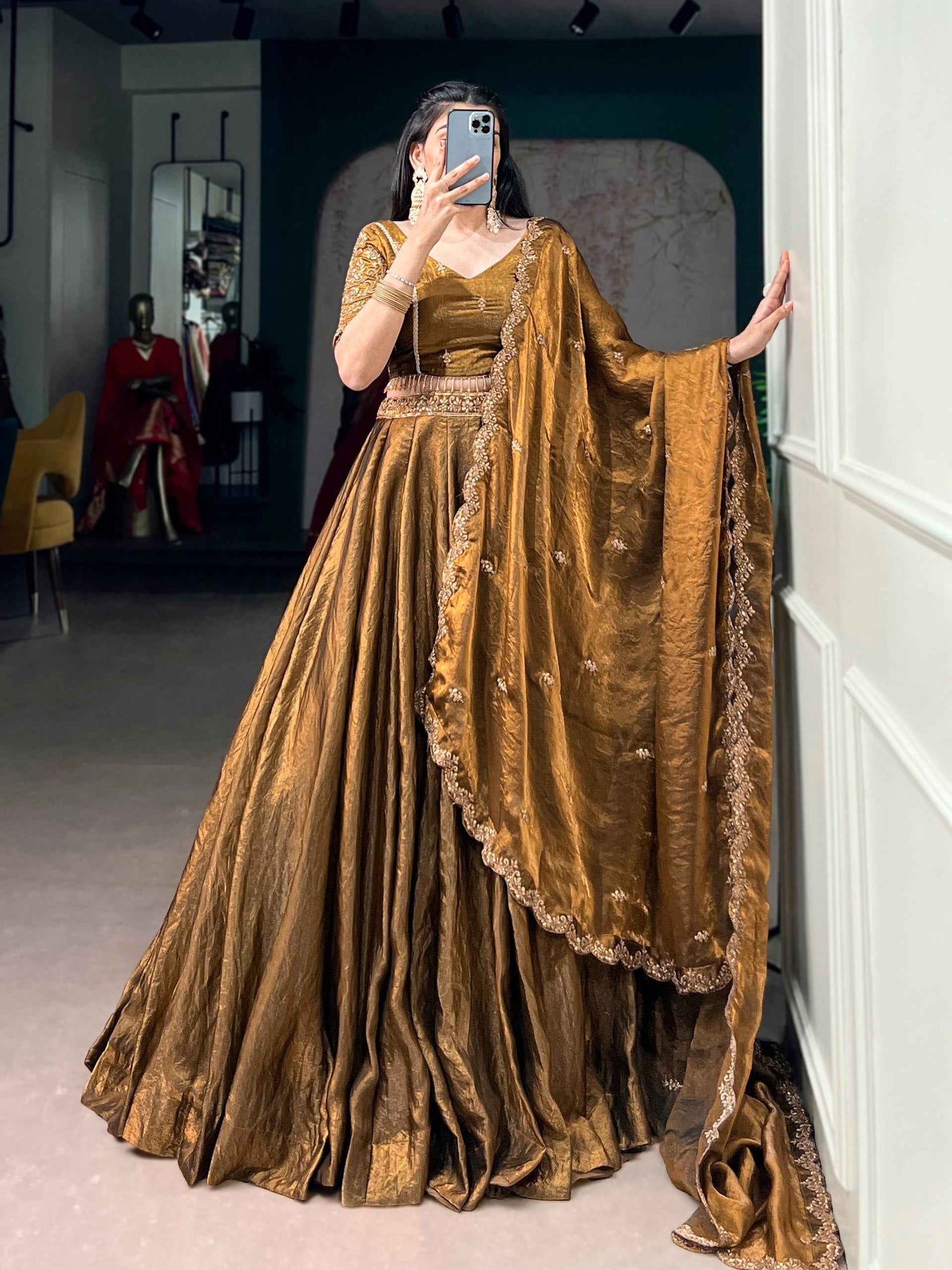 Brown Pure Soft Frendy Silk Sequins &amp; Thread Embroidery Work Lehenga Choli