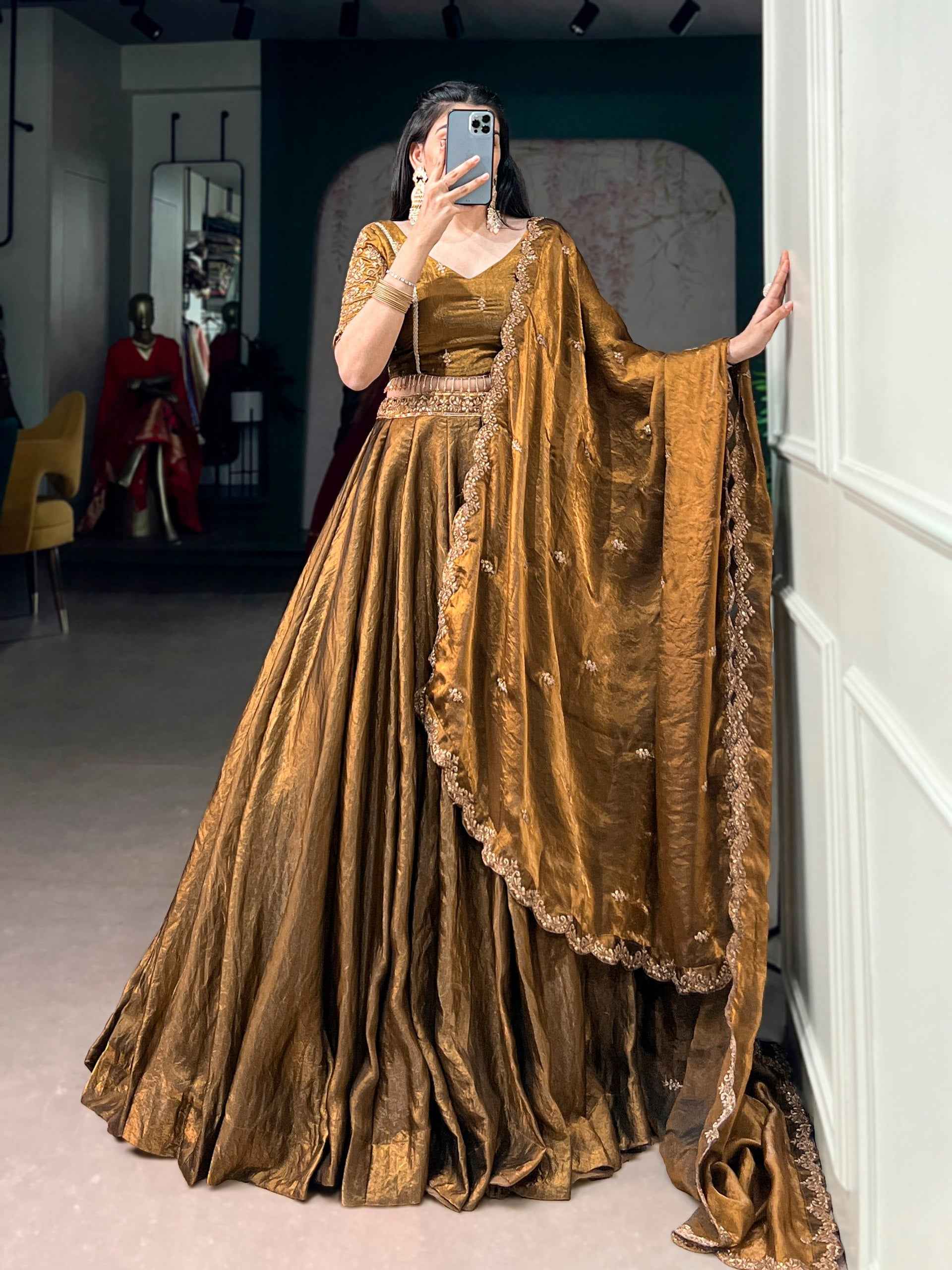 Brown Pure Soft Frendy Silk Sequins &amp; Thread Embroidery Work Lehenga Choli