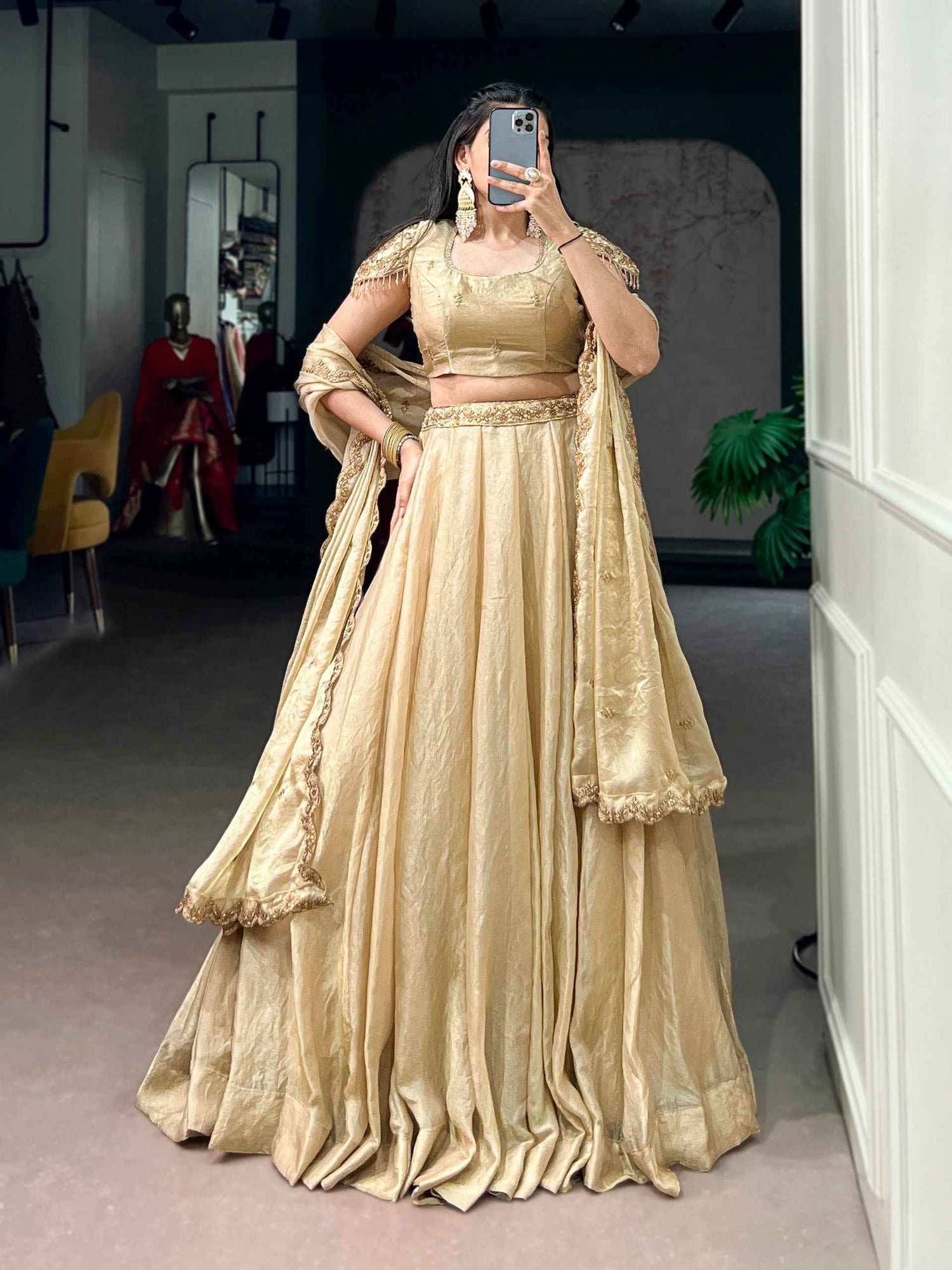 Cream Pure Soft Frendy Silk Sequins &amp; Thread Embroidery Work Lehenga Choli