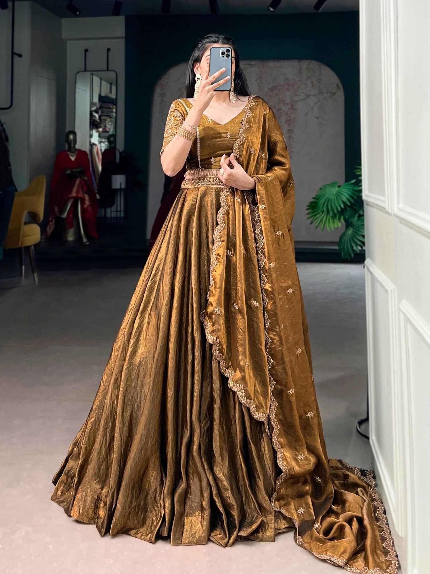 Brown Pure Soft Frendy Silk Sequins &amp; Thread Embroidery Work Lehenga Choli