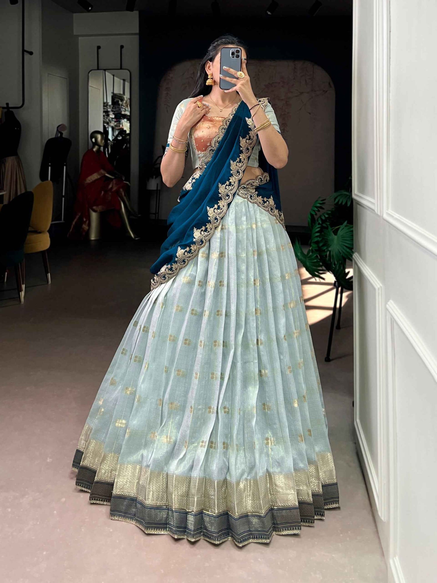 Sky Blue Pure Soft Slub Kota Zari Weaving Work Paithani Lehenga Choli