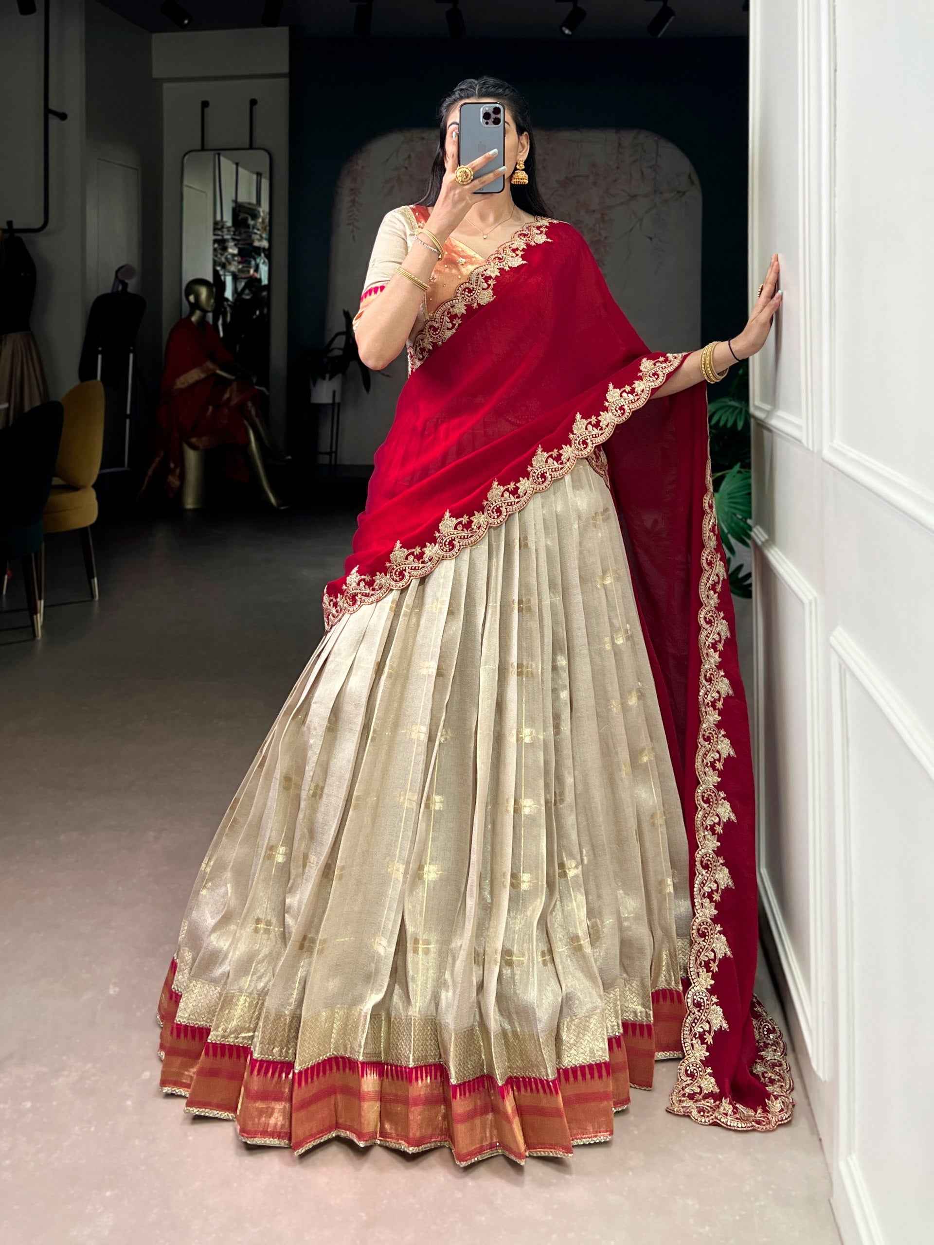 Off White Pure Soft Slub Kota Zari Weaving Work Paithani Lehenga Choli