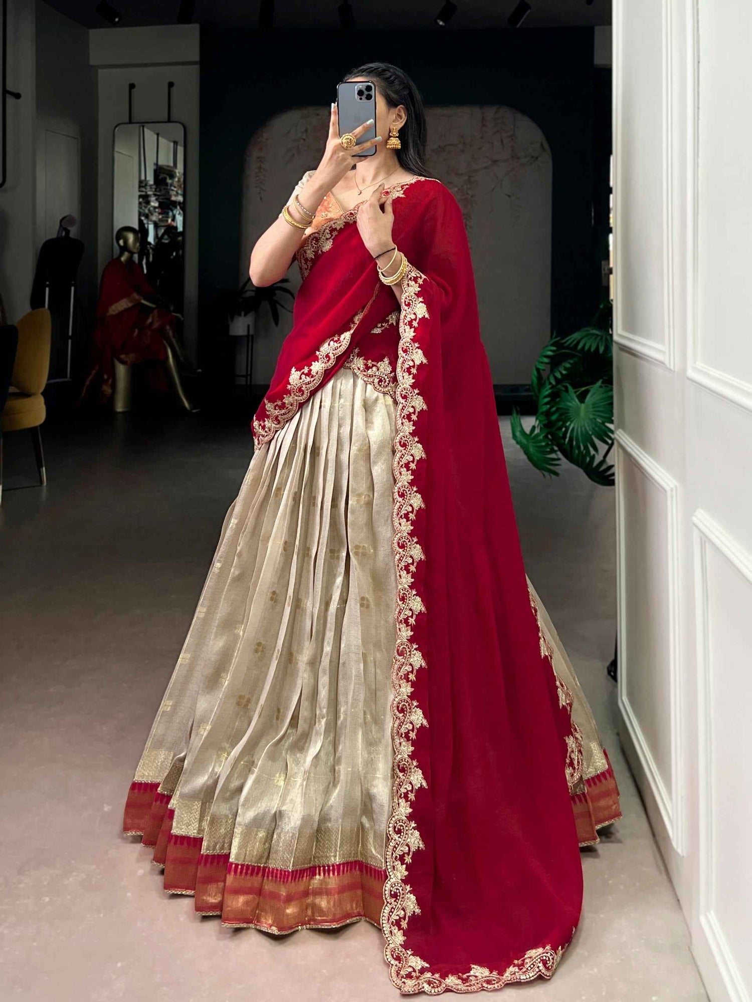 Off White Pure Soft Slub Kota Zari Weaving Work Paithani Lehenga Choli