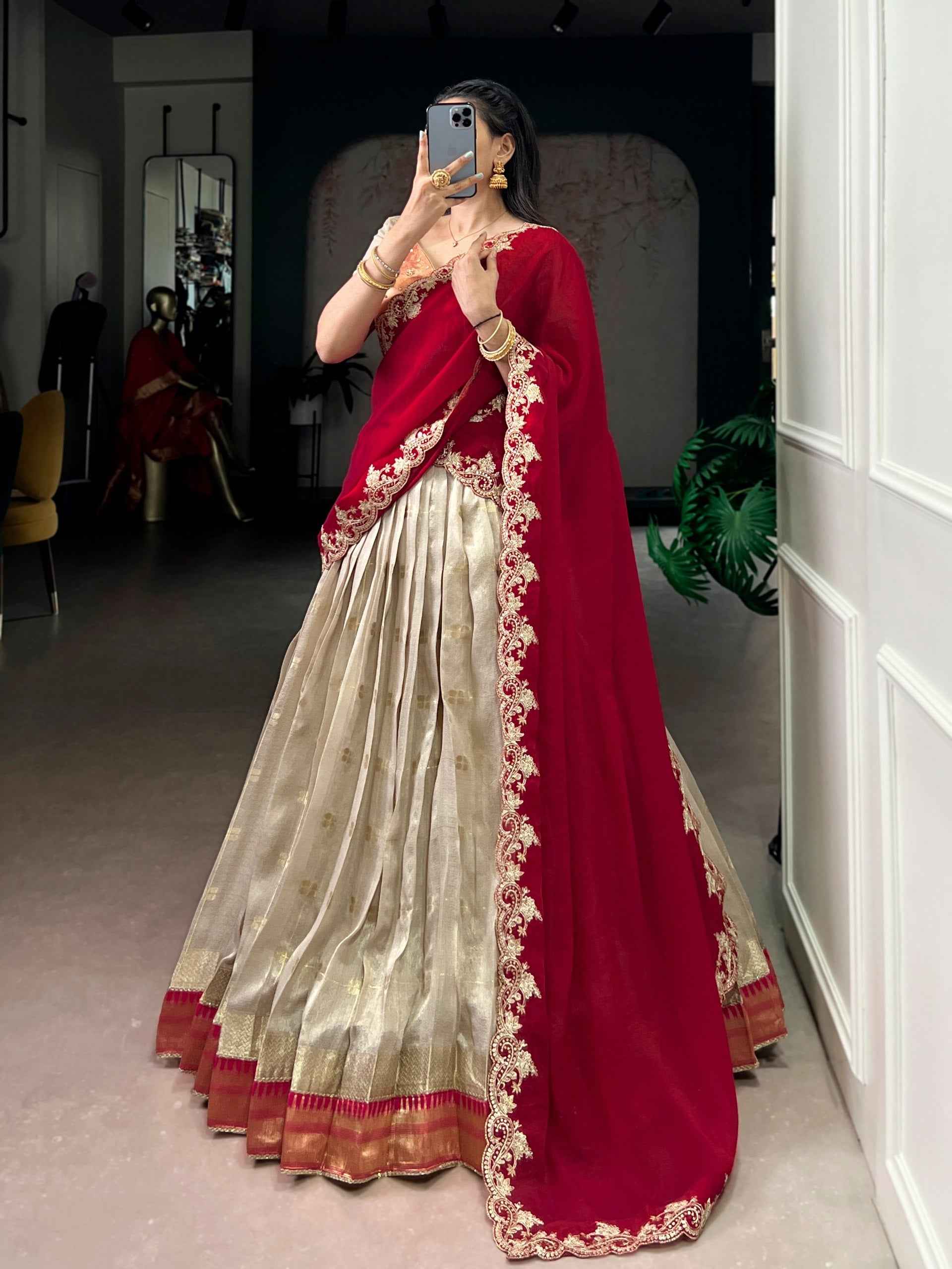 Off White Pure Soft Slub Kota Zari Weaving Work Paithani Lehenga Choli