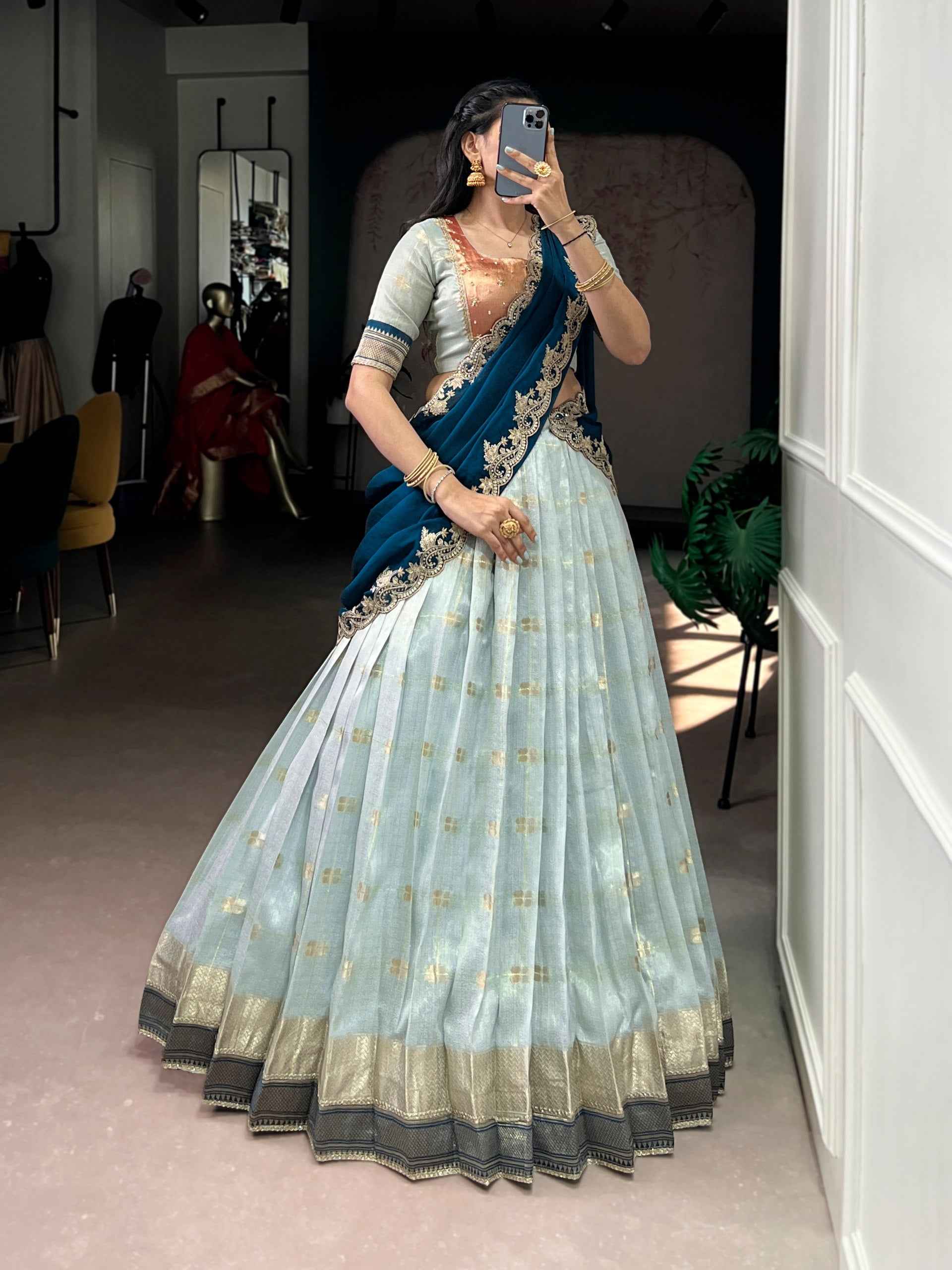 Sky Blue Pure Soft Slub Kota Zari Weaving Work Paithani Lehenga Choli