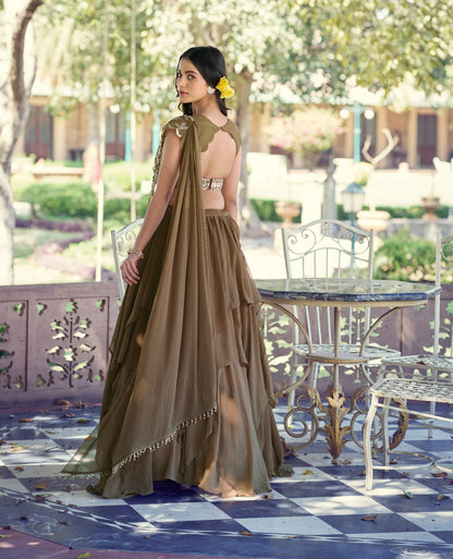 Coffee Pure Soft Marble Silk Sequins Work Paithani Lehenga Choli