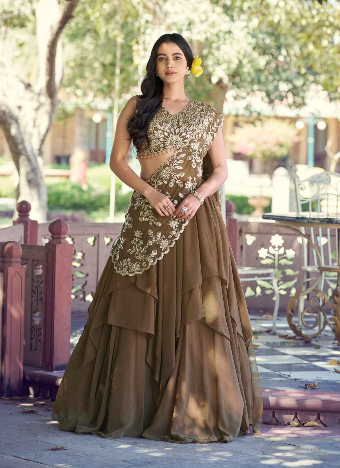 Coffee Pure Soft Marble Silk Sequins Work Paithani Lehenga Choli