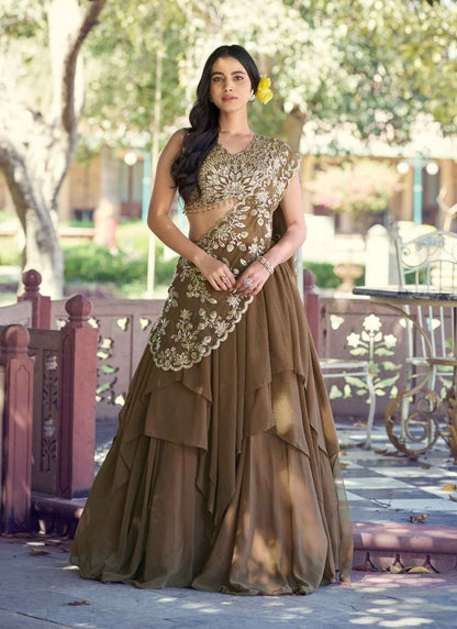 Coffee Pure Soft Marble Silk Sequins Work Paithani Lehenga Choli
