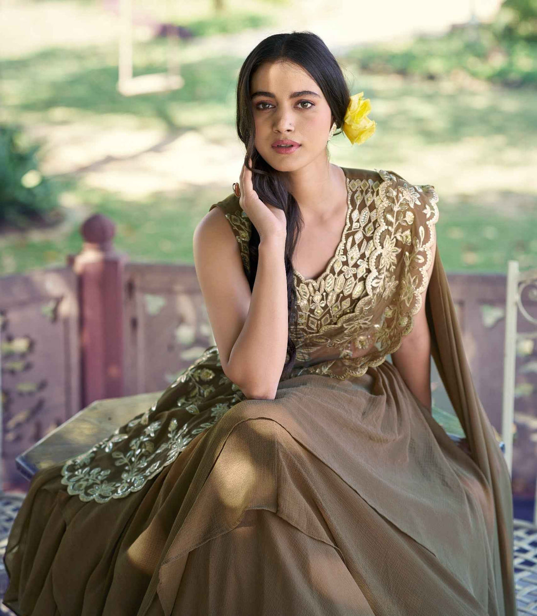 Coffee Pure Soft Marble Silk Sequins Work Paithani Lehenga Choli