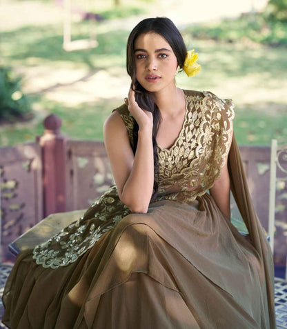 Coffee Pure Soft Marble Silk Sequins Work Paithani Lehenga Choli