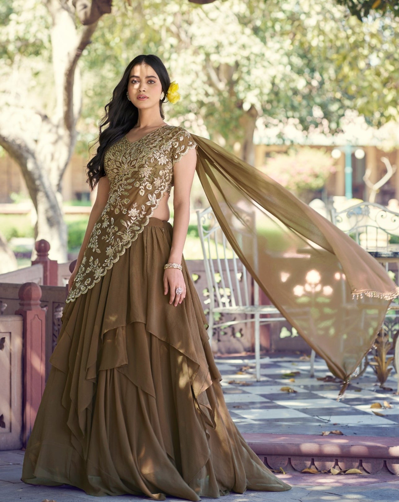 Coffee Pure Soft Marble Silk Sequins Work Paithani Lehenga Choli