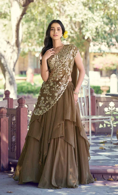 Coffee Pure Soft Marble Silk Sequins Work Paithani Lehenga Choli