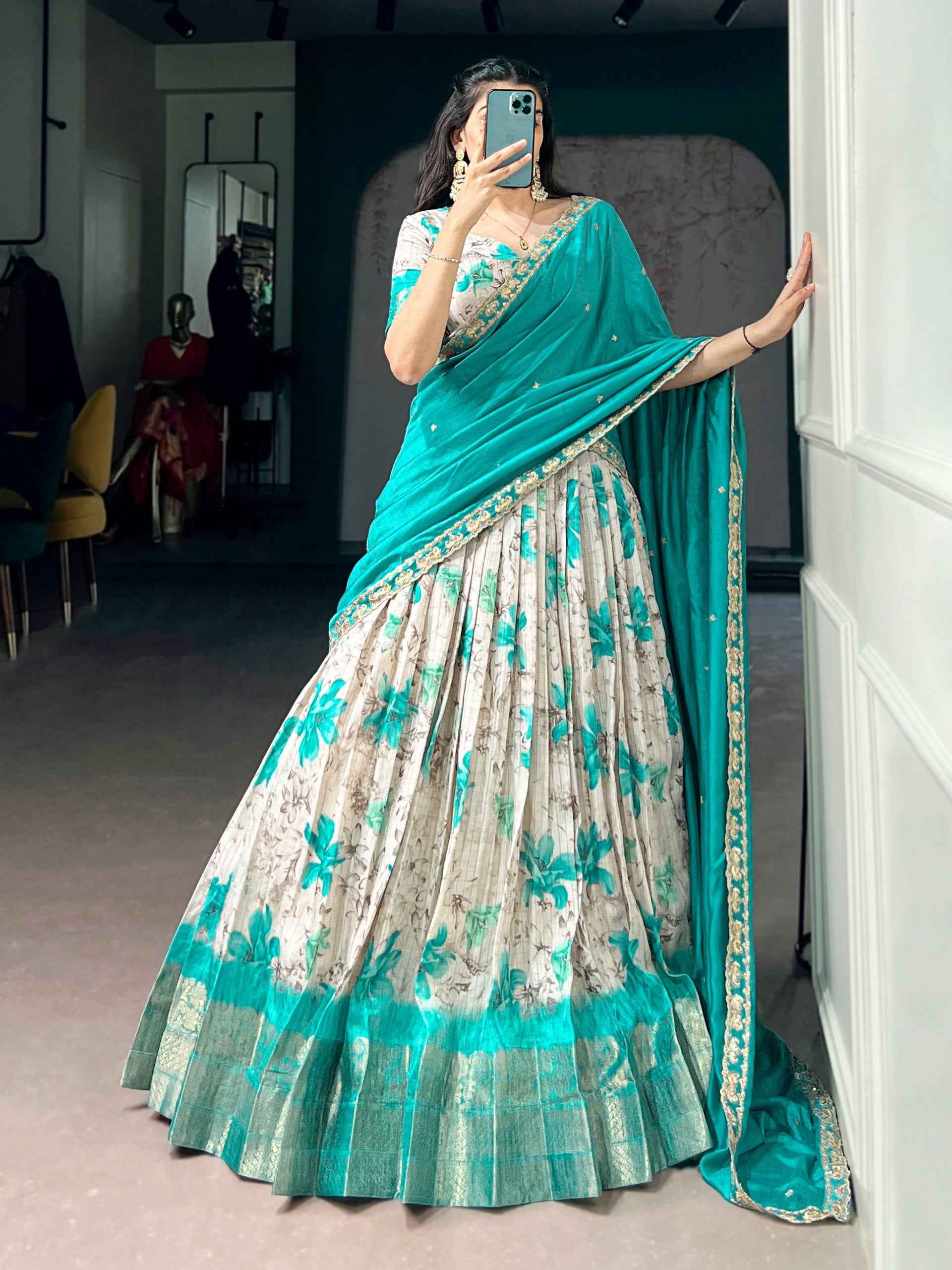 Teal Pure Soft Dola Chex Floral Printed With Zari Weaving Work Lehenga Choli
