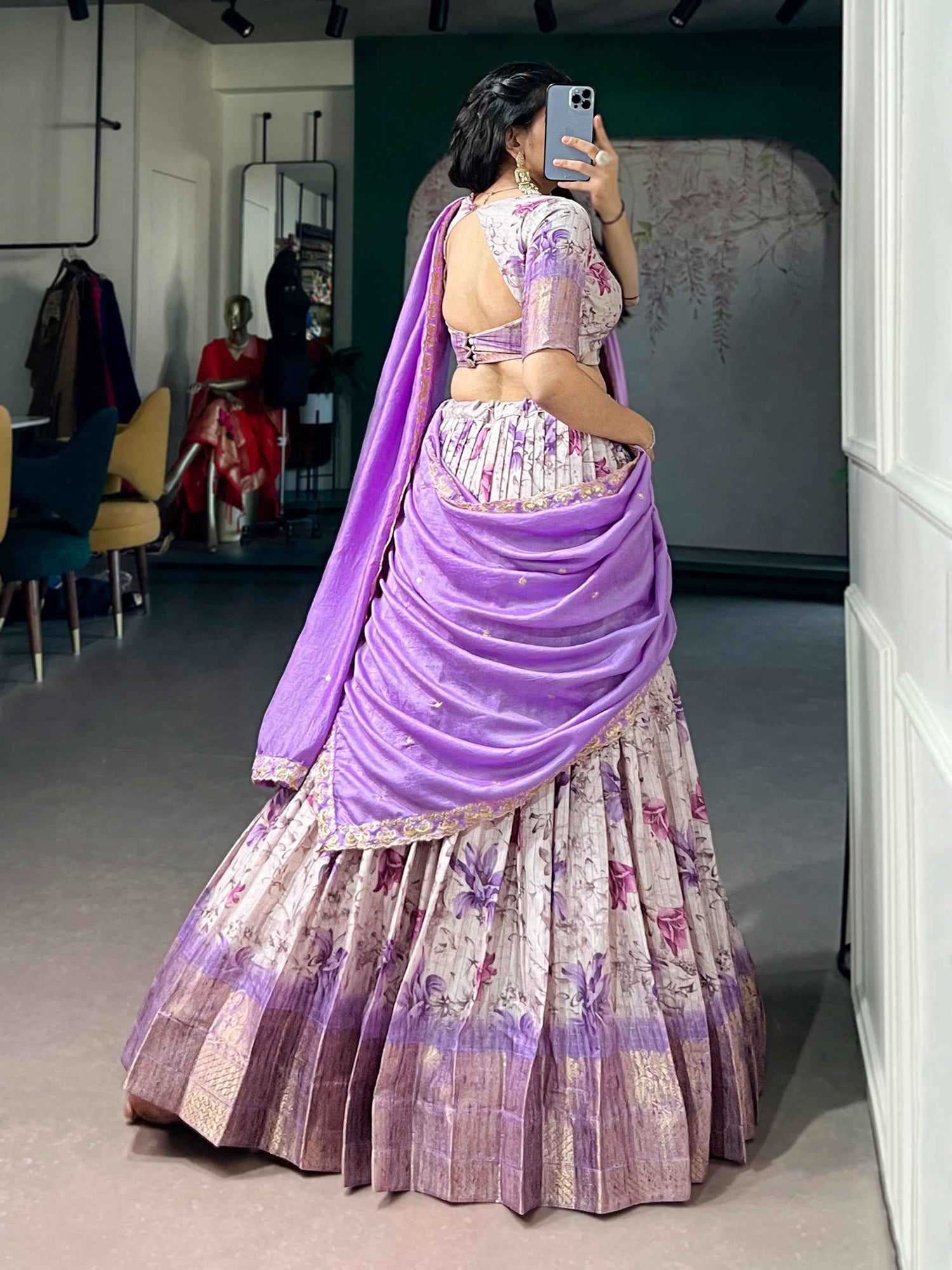 Purple Pure Soft Dola Chex Floral Printed With Zari Weaving Work Lehenga Choli