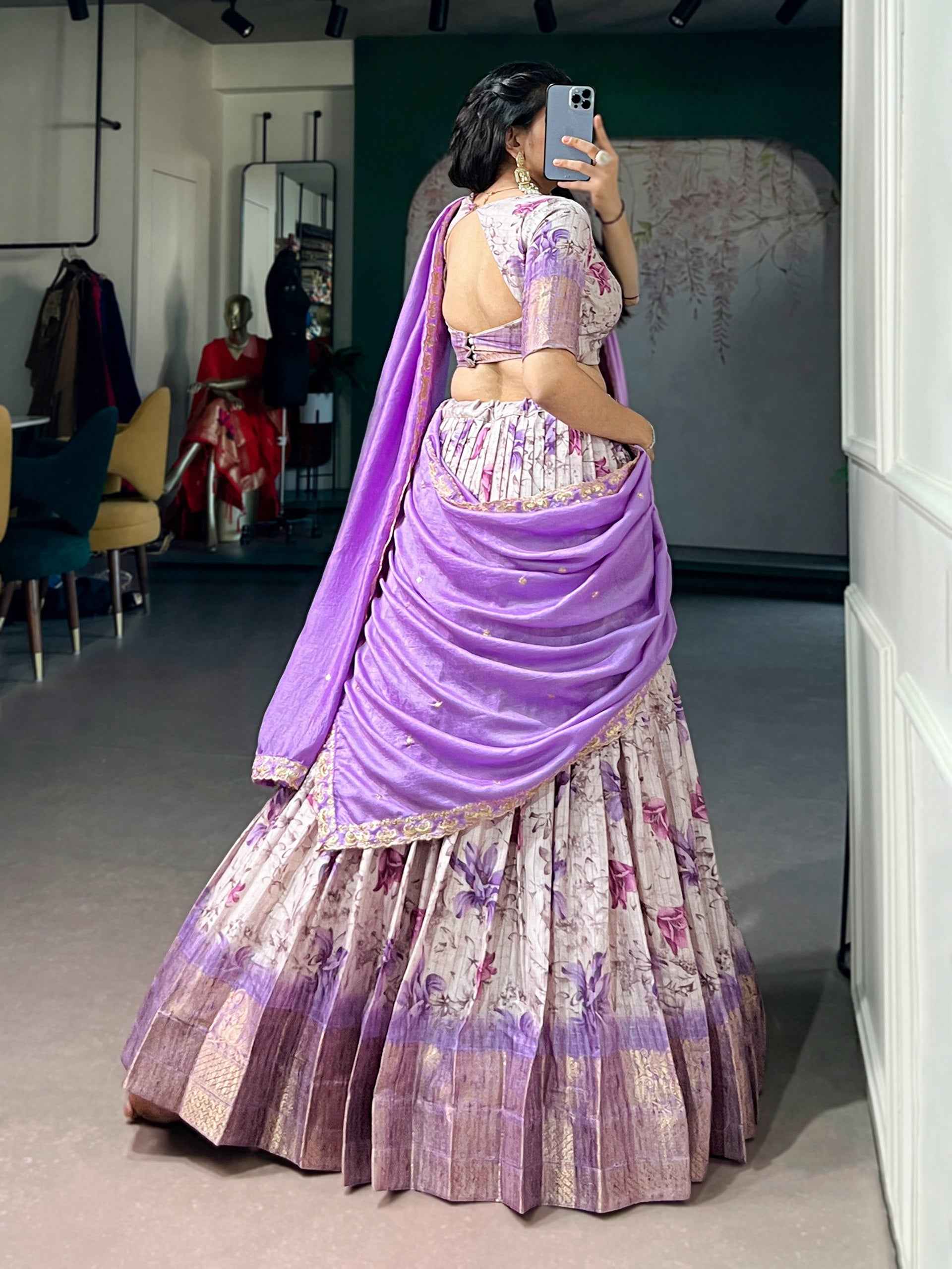 Purple Pure Soft Dola Chex Floral Printed With Zari Weaving Work Lehenga Choli