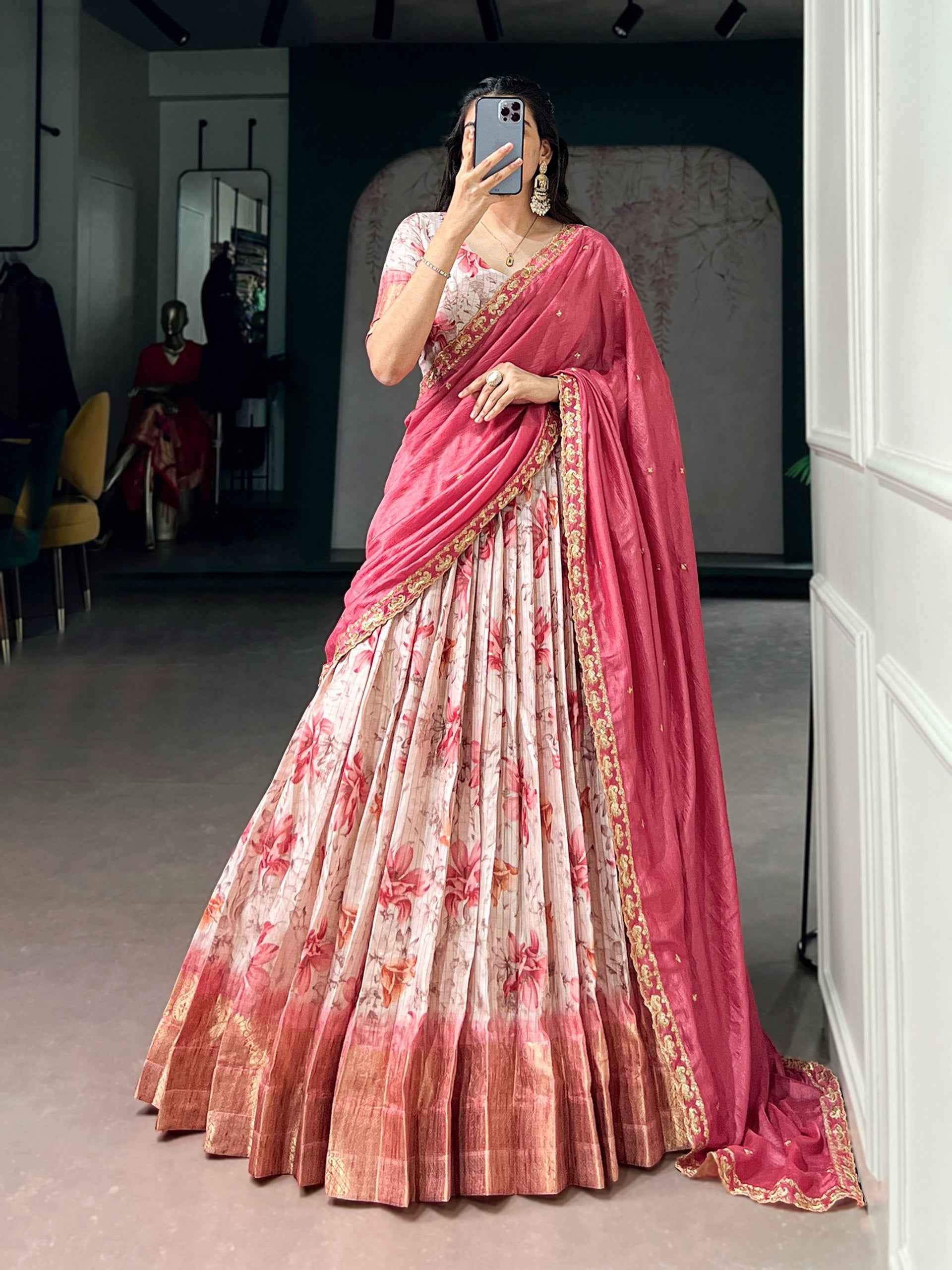 Red Pure Soft Dola Chex Floral Printed With Zari Weaving Work Lehenga Choli