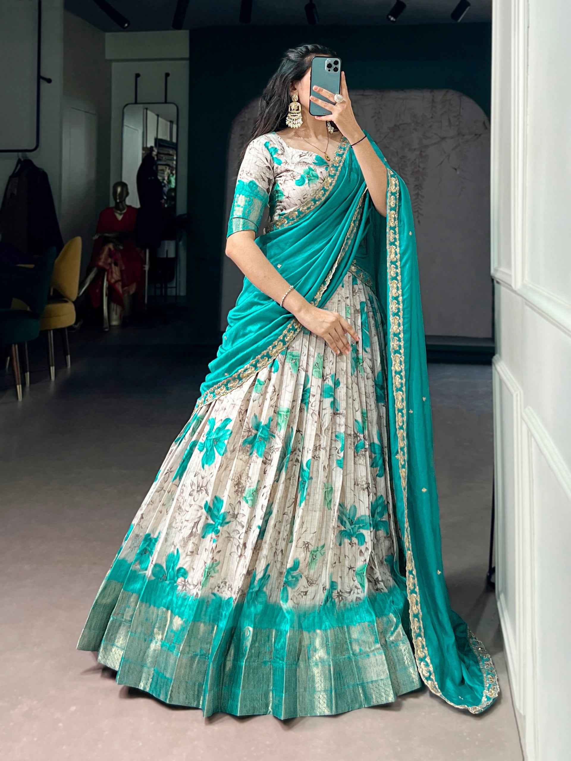 Teal Pure Soft Dola Chex Floral Printed With Zari Weaving Work Lehenga Choli