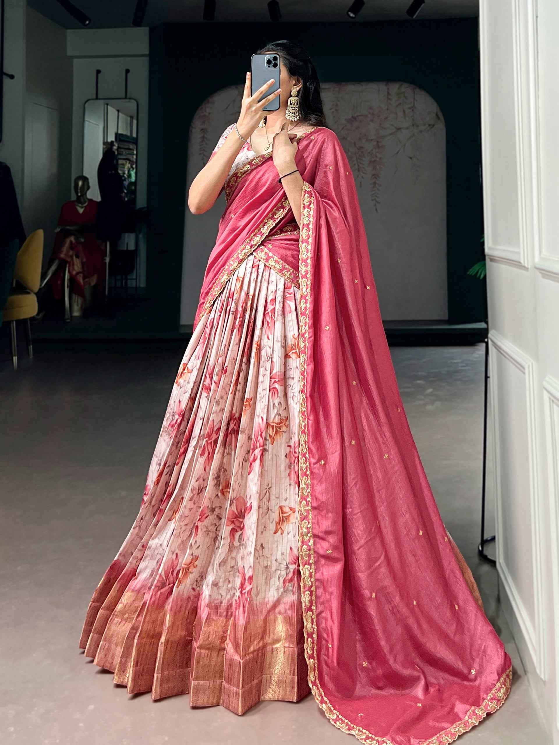 Red Pure Soft Dola Chex Floral Printed With Zari Weaving Work Lehenga Choli