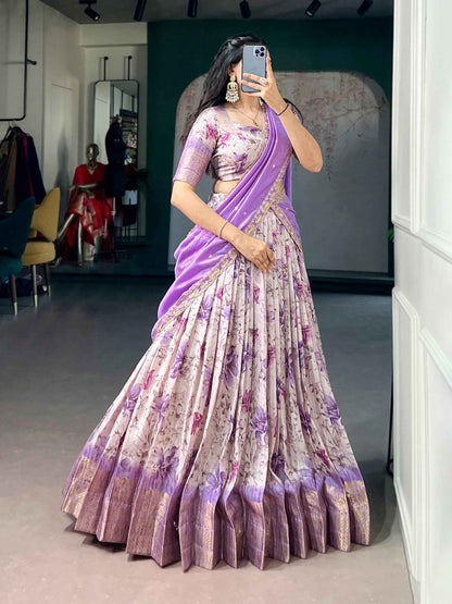 Purple Pure Soft Dola Chex Floral Printed With Zari Weaving Work Lehenga Choli
