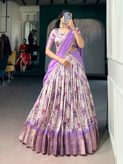 Purple Pure Soft Dola Chex Floral Printed With Zari Weaving Work Lehenga Choli