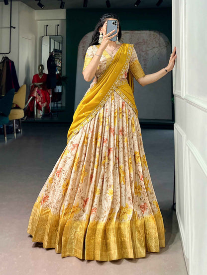 Yellow Pure Soft Dola Chex Floral Printed With Zari Weaving Work Lehenga Choli