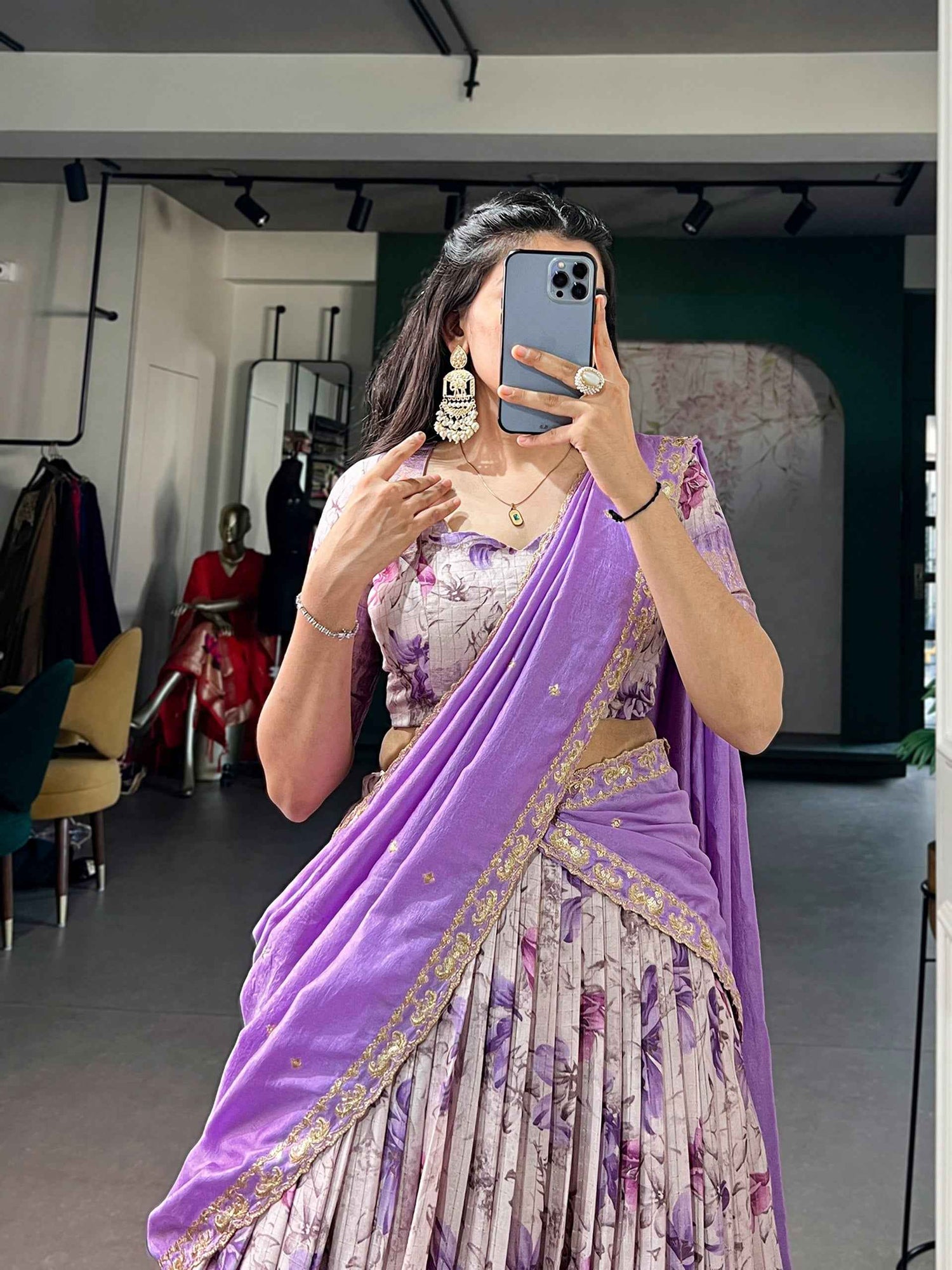 Purple Pure Soft Dola Chex Floral Printed With Zari Weaving Work Lehenga Choli