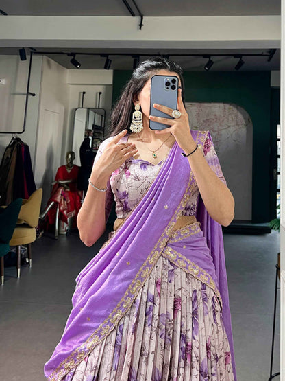 Purple Pure Soft Dola Chex Floral Printed With Zari Weaving Work Lehenga Choli