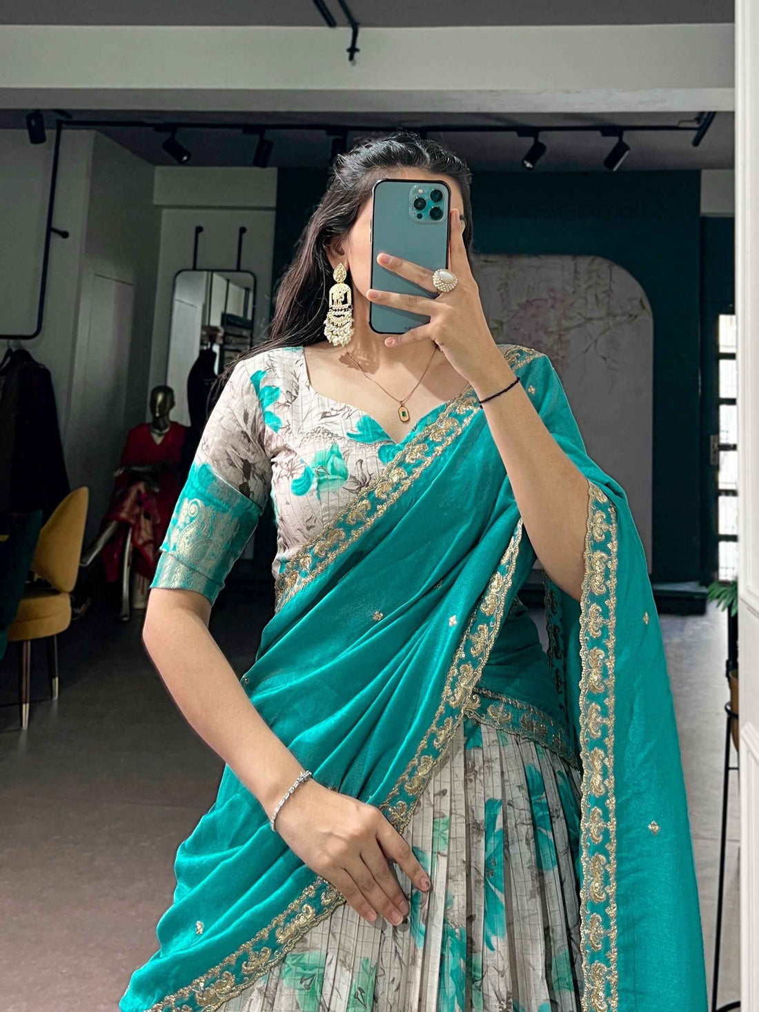 Teal Pure Soft Dola Chex Floral Printed With Zari Weaving Work Lehenga Choli
