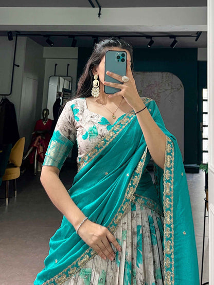 Teal Pure Soft Dola Chex Floral Printed With Zari Weaving Work Lehenga Choli