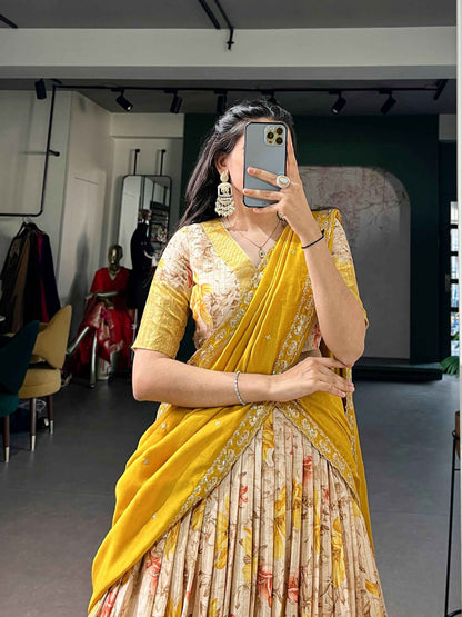 Yellow Pure Soft Dola Chex Floral Printed With Zari Weaving Work Lehenga Choli