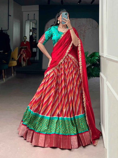 Red Pure Soft Tasar Silk Leheriya Print With Zari Weaving Work Lehenga Choli