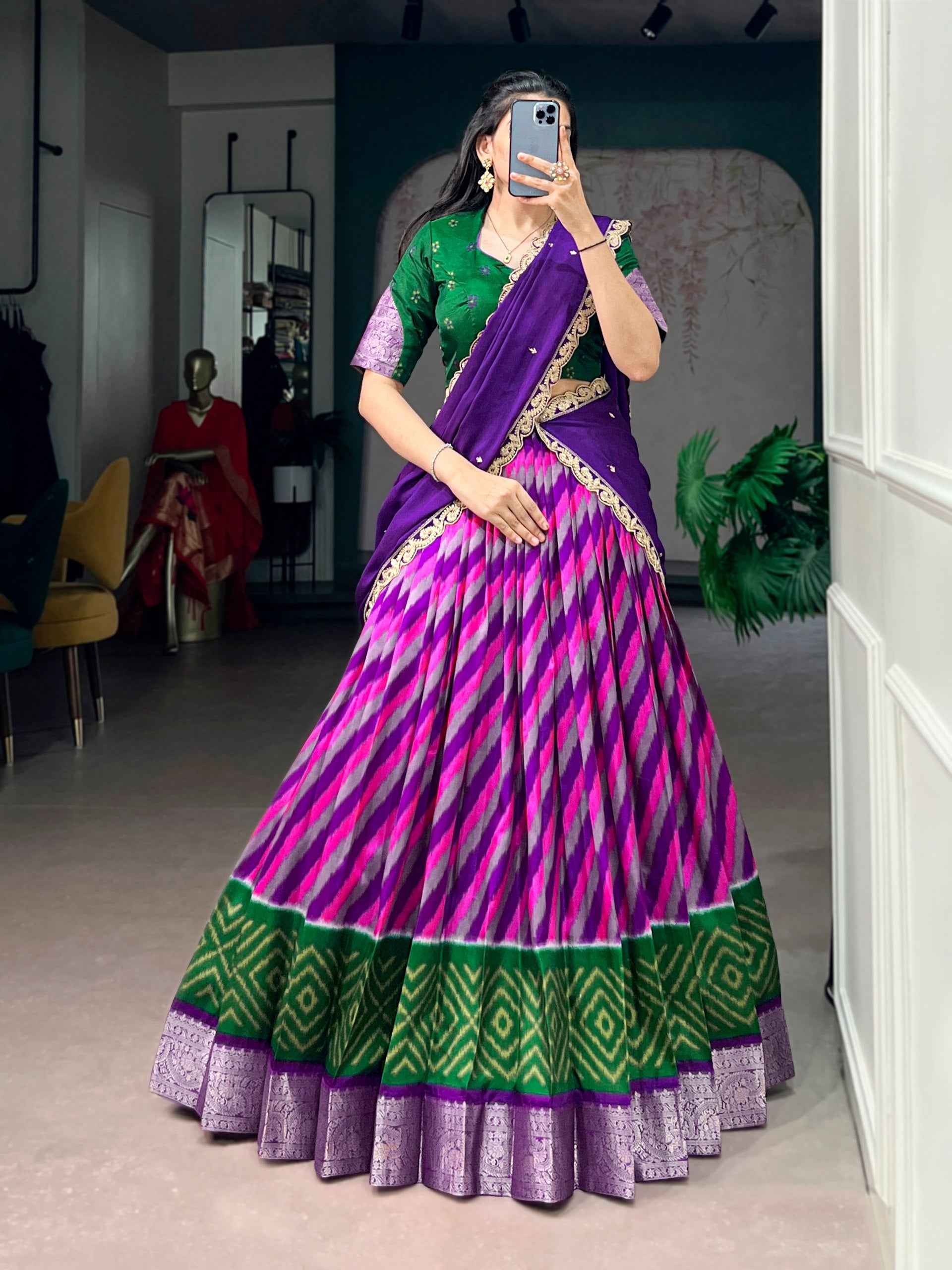 Purple Pure Soft Tasar Silk Leheriya Print With Zari Weaving Work Lehenga Choli